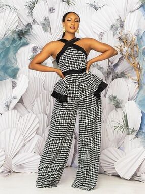Black & White Wide-Leg Jumpsuit with Peplum